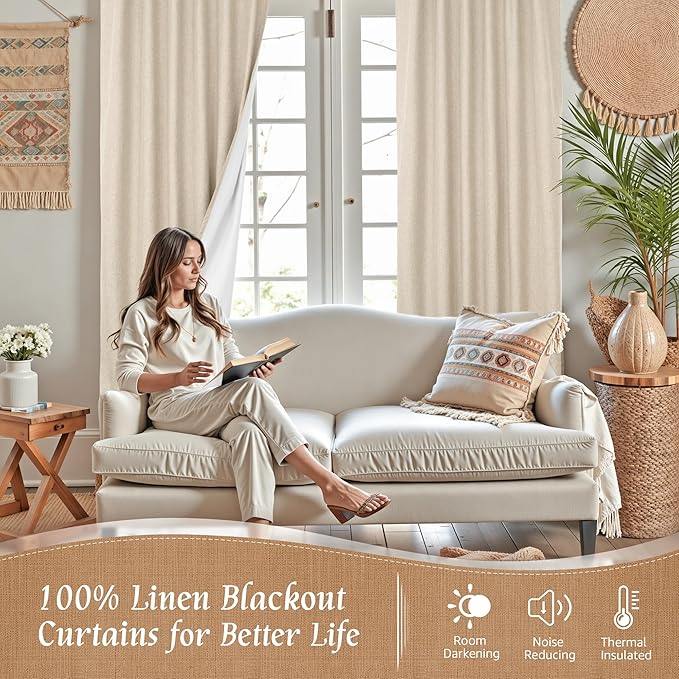 100% Blackout Short Linen Curtains 48 Inches Long, 2 Panels, Linen | Thermal - Image 2