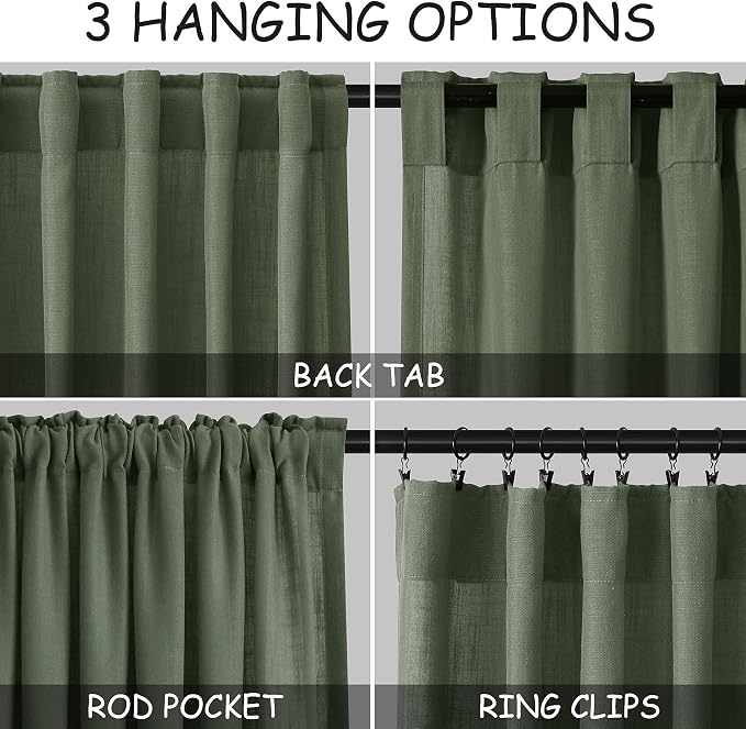 Olive Green Large Window Curtains Light Filtering Semi Sheer Privacy Linen - Image 3