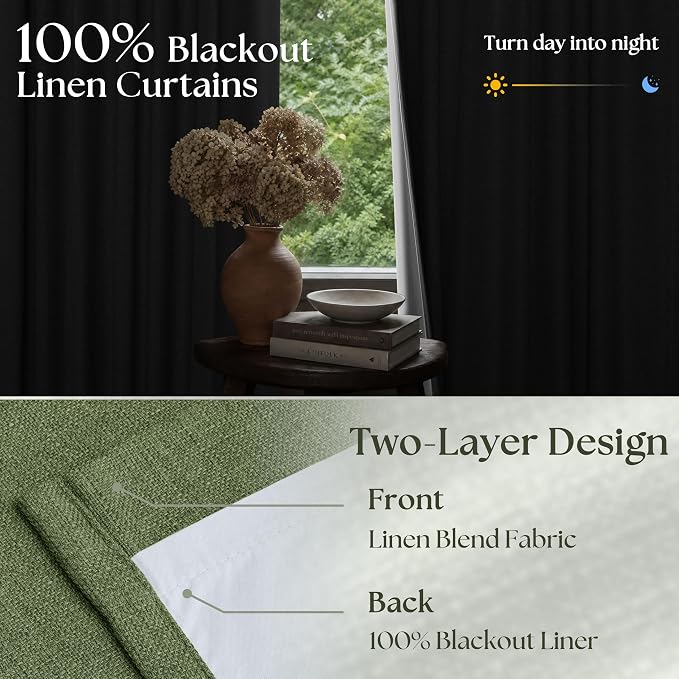 102 Inch Olive Green Linen Pinch Pleated Black Out Curtains - Image 2