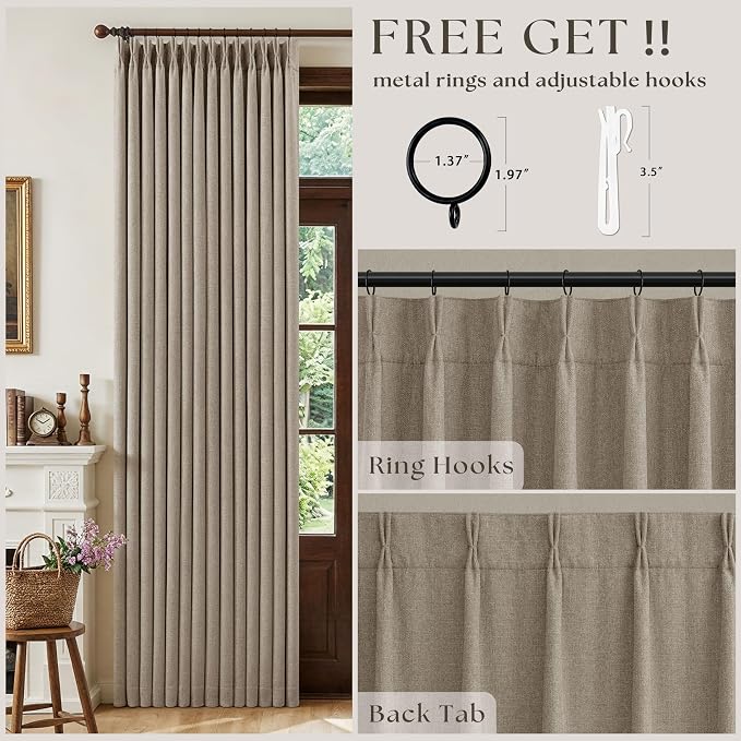 Deep Flax Greige Pleated Blackout Curtains 96 Inches Long 2 Panels | Room - Image 2