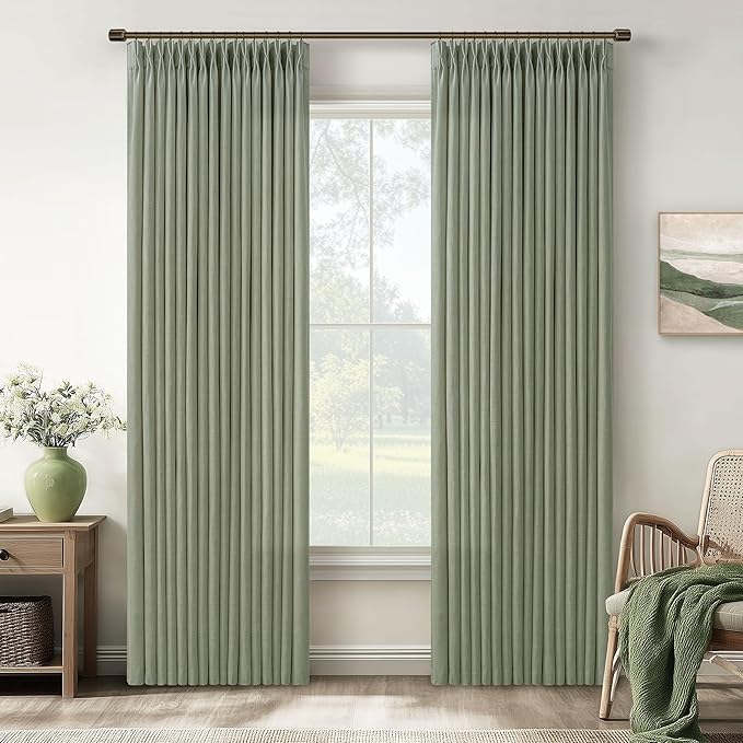 Pleated Memory Shaped Sage Green Linen Semi Sheer Curtains 50 by 80 Inch | by Twodrapes