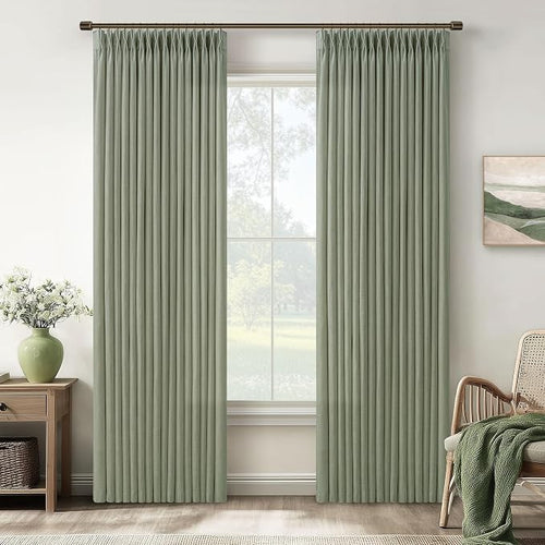 108 Inch Pinch Pleated Light Filtering Linen Memory Trained Green Curtains | by Twodrapes