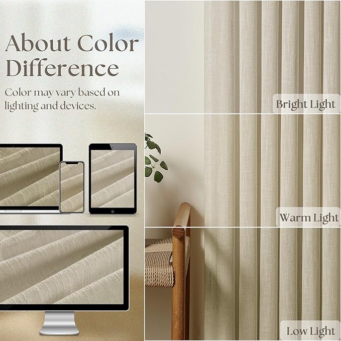 Beige Linen Curtains 96 Inches Long Pinch Pleated 2 Panels Set | Memory - Image 4