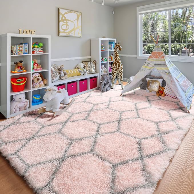 7x9 Area Rugs for Living Room Bedroom, Fluffy Pink and Grey Geometric Rug | - Image 9