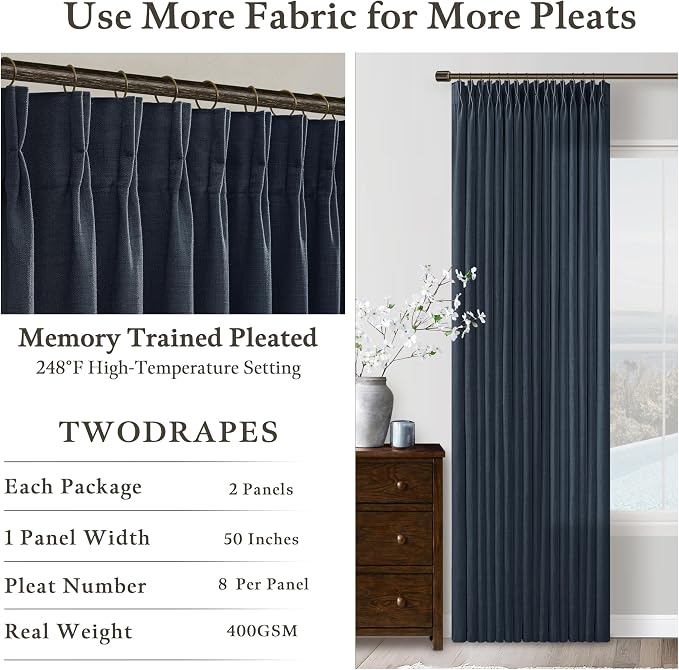 Blue Linen Pleated Light Filtering Sheer Curtains - Image 4