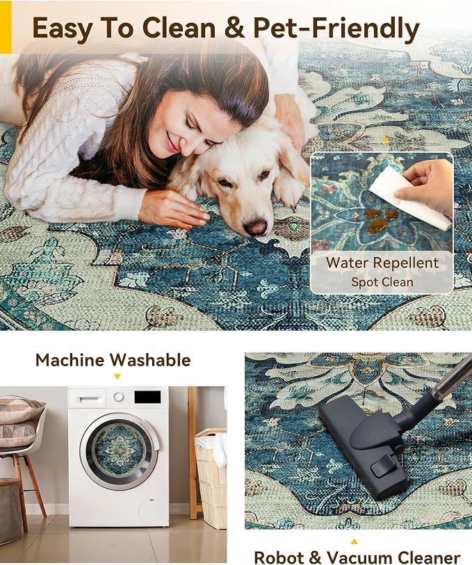 RELEANY Washable Area Rug, Round 7ft, Water Repellent, Pet Friendly, Vintage - Image 4