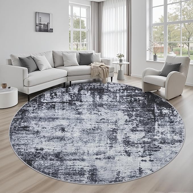 Round Area Rug Living Room: 8 ft Modern Washable Carpet Dark | by FXRHLP