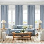 Light Blue Linen Memory Trained Black Out Pleated 105 Inch Curtains 2 Panel | - Image 8