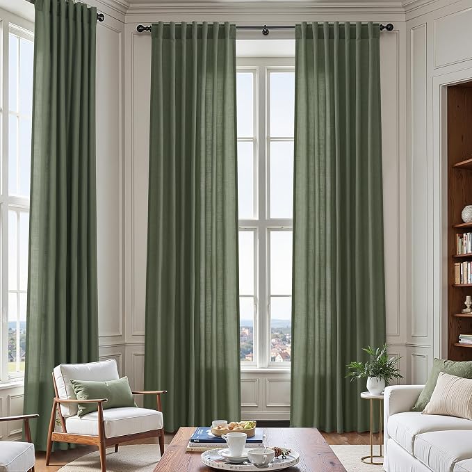 Olive Green Linen Sheer Curtains 63 Inch Length 2 Panel Set Back Tab Rod Pocket - Image 6