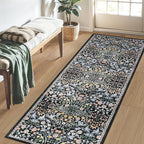 PLHXFR 2.6x8 Washable Runner Rug：Floral Indoor Kitchen Carpet Dark Black | - Image 3
