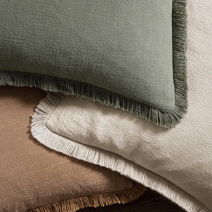 MIULEE Boho Linen Fringe Decorative Fall Throw Pillow Covers Brown 20x20 | Set - Image 4