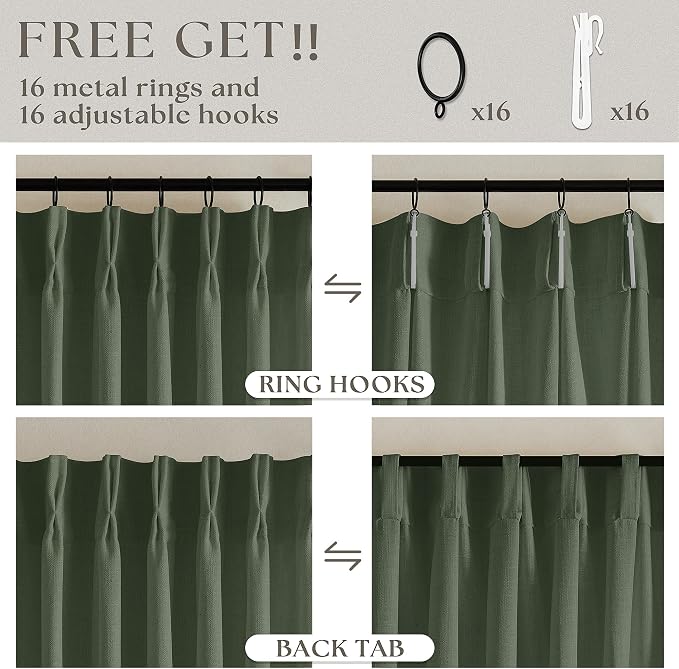 Farmhouse Linen Blend Pleated Olive Green Curtains 102 Inches Long 2 Panels | - Image 5