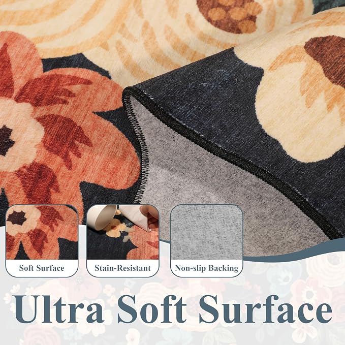 DUKINO 2x8 Washable Runner Rug, Floral Non Slip Kitchen Rugs, Soft Throw Rug - Image 6