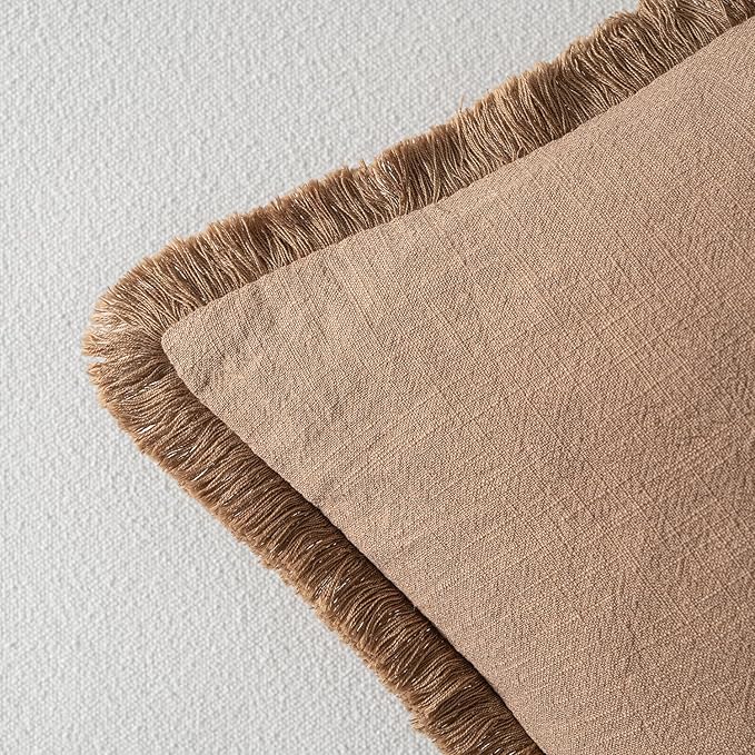 MIULEE Boho Linen Fringe Decorative Fall Throw Pillow Covers Brown 20x20 | Set - Image 3