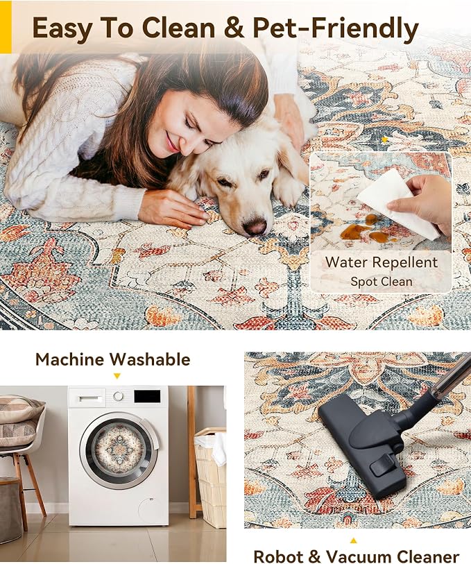 RELEANY Washable Area Rug, Round 6ft, Water Repellent, Pet Friendly, Vintage - Image 5