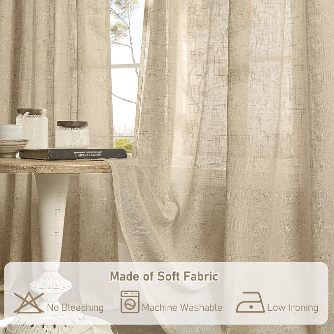 Linen Curtains 63 inch Length for Living Room, Linen Light Filtering Boho Semi - Image 8