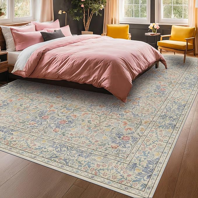 Vintage Washable Beige Blue 10x14 Rug - Image 4
