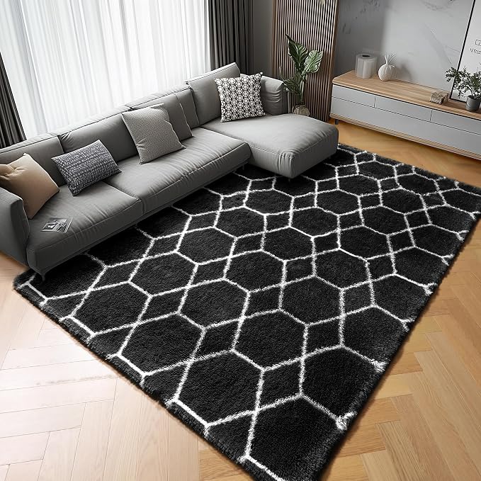 Area Rugs for Living Room, 5x8 Fluffy Black and White Bedroom Geometric Rug | by ONASAR