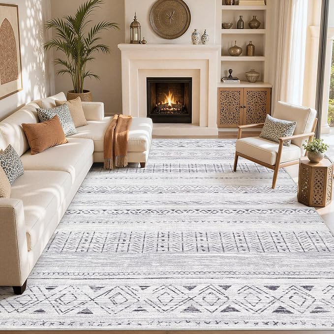 cotiled Boho 9x12 Area Rug for Living Room: Large Moroccan Washable Rug | Stain - Image 8