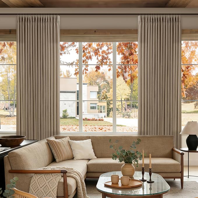 Pinch Pleat Latte Taupe Semi Sheer Linen Curtains 105 Inches Long 2 Panels | - Image 9