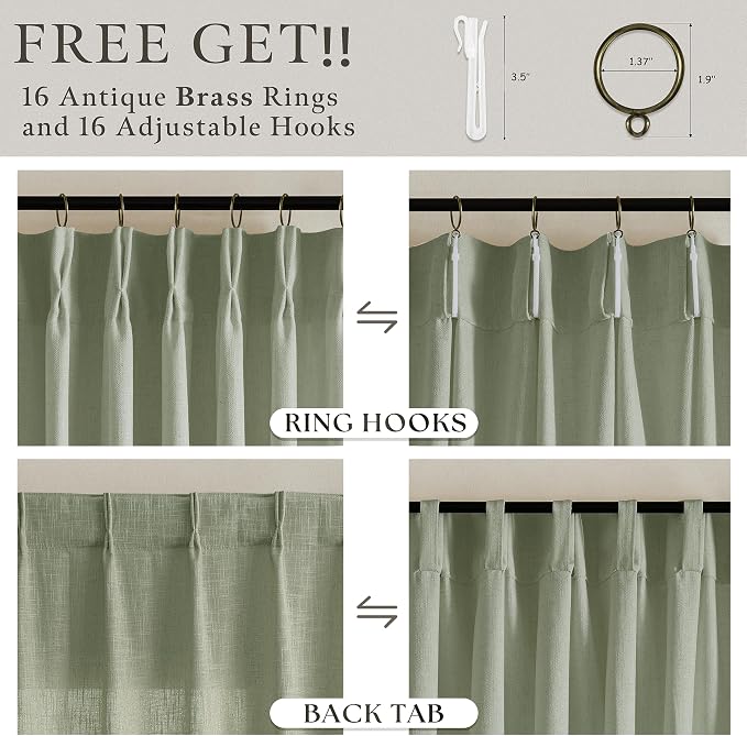 108 Inch Pinch Pleated Light Filtering Linen Memory Trained Green Curtains | - Image 5