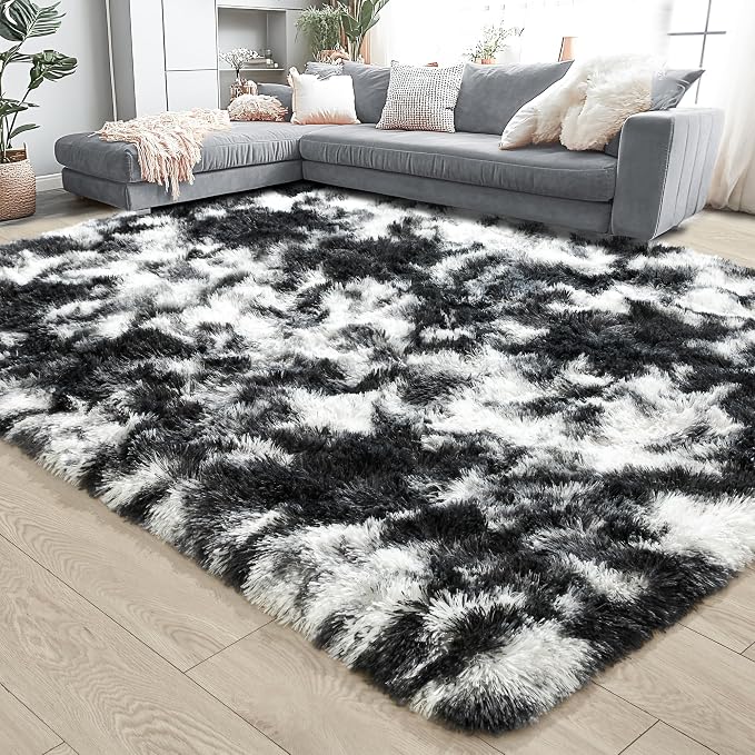 6x9 Large Tie-Dyed Black and White Fluffy Area Rug Non-Slip - Image 3