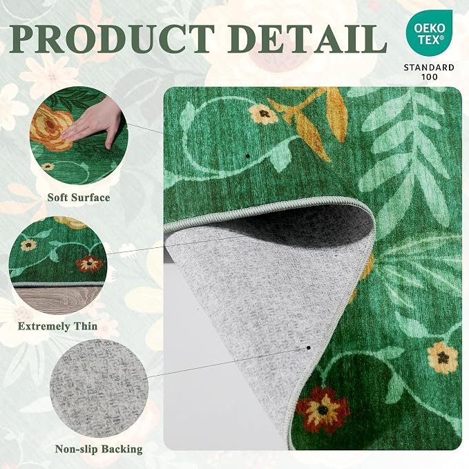 DUKINO 2x4 Entryway Rug, Floral Washable Kitchen Rugs Non Slip, Dark Green | - Image 5