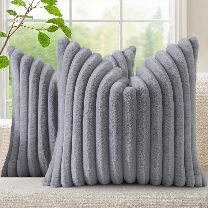 decorUhome Fall Faux Fur Throw Pillow Covers 18x18 Set of 2 Grey | Decorative by decorUhome