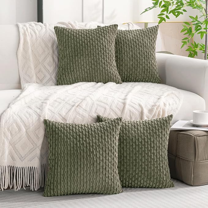 Set of 4 Olive Green Decorative Throw Pillow Covers 22x22 Inch Corduroy Pillow - Image 9