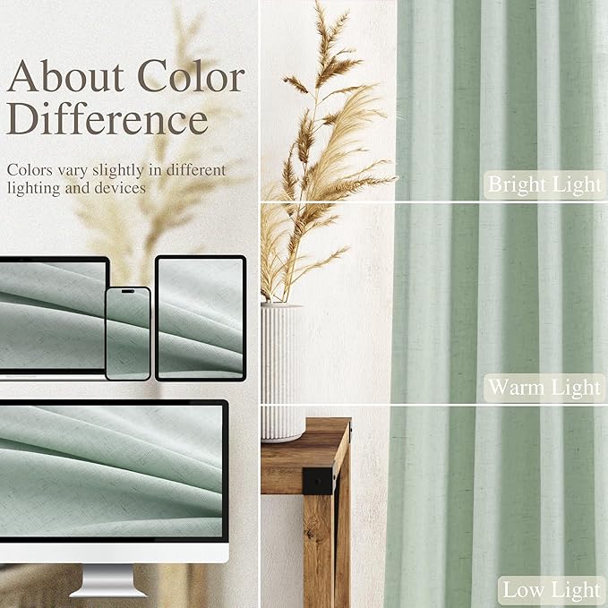 Aqua Green Linen Curtains 52x72 Inch 2 Panels | Semi Sheer Light Filtering - Image 3