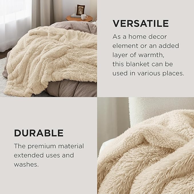 Bedsure GentleSoft Fluffy Beige Blankets Queen Size - Image 4