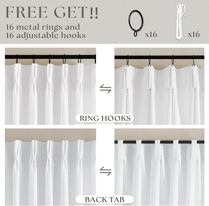 Snow White Pinch Pleated Linen Curtains 92 Inches Long 2 Panels | - Image 5