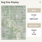 Soalmost 9x12 Area Rugs for Living Room Washable Rug Abstract Green/Ivory | - Image 5