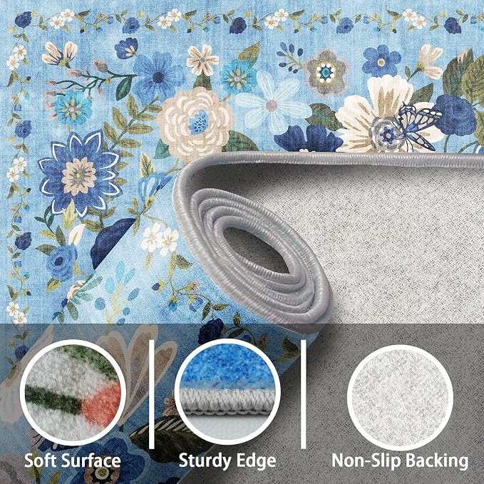 Floral Entryway 3x5 Rug for Bathroom Bedroom Washable Rug | Non Slip Soft - Image 4
