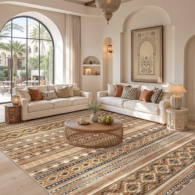 cotiled 10x12 Area Rugs Washable Boho Living Room Rug Brown/Beige | Stain - Image 5