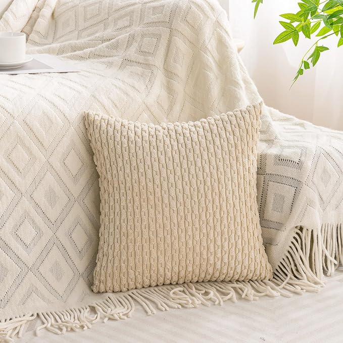 Set of 4 Beige Brown Coffee Decorative Throw Pillow Covers 16x16 Inch Corduroy - Image 6