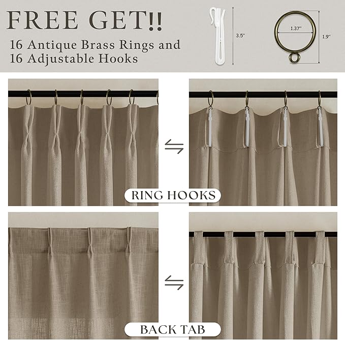 Linen Grey Beige Camel Pleated Light Filtering Curtains 120 Inch Long 50W | - Image 6