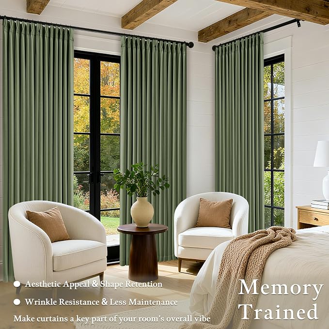 80 Inch Olive Green Linen Pinch Pleated Blackout Curtains - Image 4