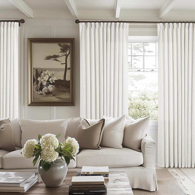 Beige White Pinch Pleat Semi Sheer Linen Curtain W70xL108 1 Panel | Light - Image 7