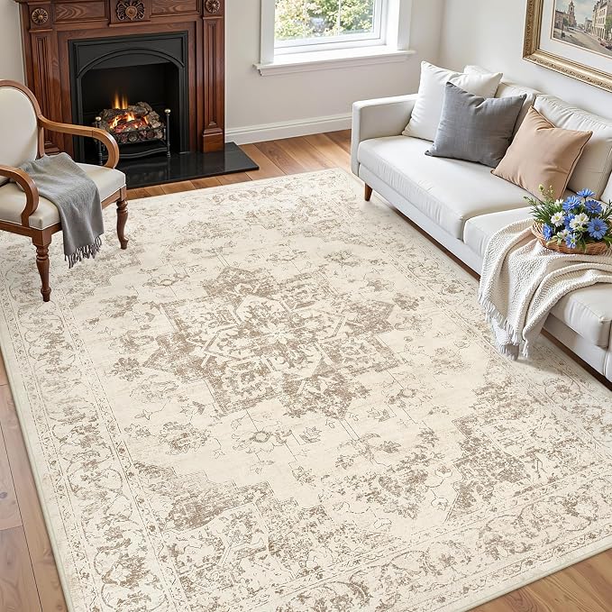 4x6 Area Rugs Living Room: Bedroom Washable Carpet Beige/Ivory | Vintage Boho - Image 3