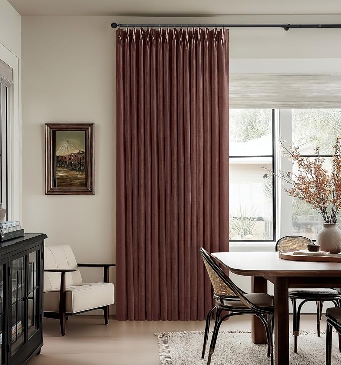 Pinch Pleated Curtains 90 Inch Long Thick Linen Rust Brown Semi Sheer Curtain - Image 9