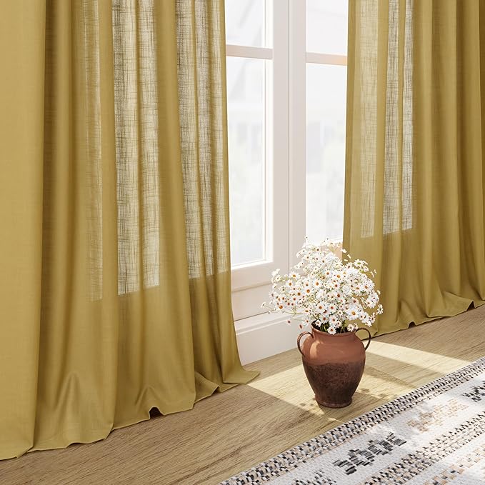 Gold Linen Curtains 102 Inches Long Rod Pocket Back Tab Drapes 2 Panels Set - Image 6