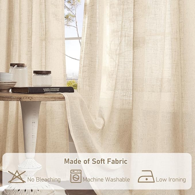 60 Inch Length Window Linen Curtains, Light Filtering Sheer Panels | Semi Sheer - Image 8