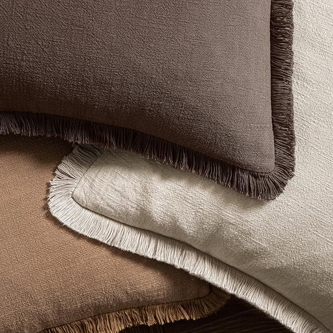 MIULEE Linen Fringe Decorative Fall Euro Pillow Covers Reddish Brown 24x24 | - Image 4