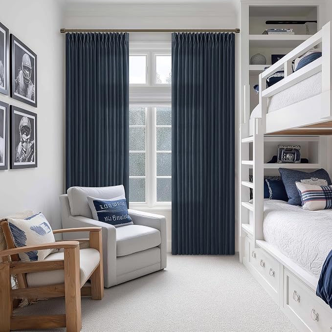 Navy Blue Pinch Pleat Light Filtering Thick Linen Curtains 102 Inches Long | - Image 7