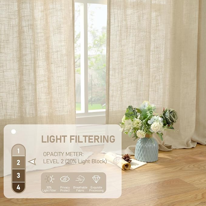 60 Inch Length Window Linen Curtains, Light Filtering Sheer Panels | Semi Sheer - Image 4