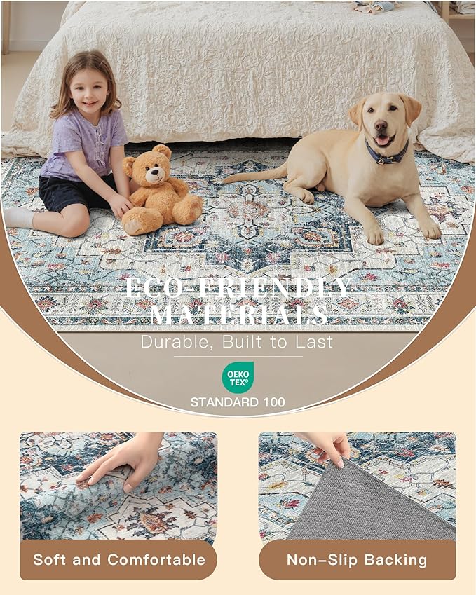 Madane Hallway Runner Rug 2'6''x10' Blue, Washable Vintage Kitchen Runners | - Image 5