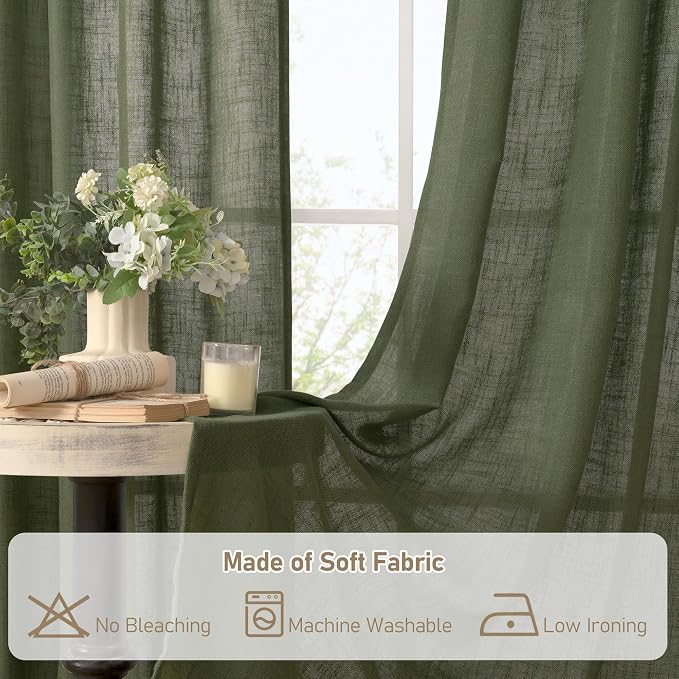 Olive Green Linen Curtains 80 Inch Length 2 Panels Set - Image 8