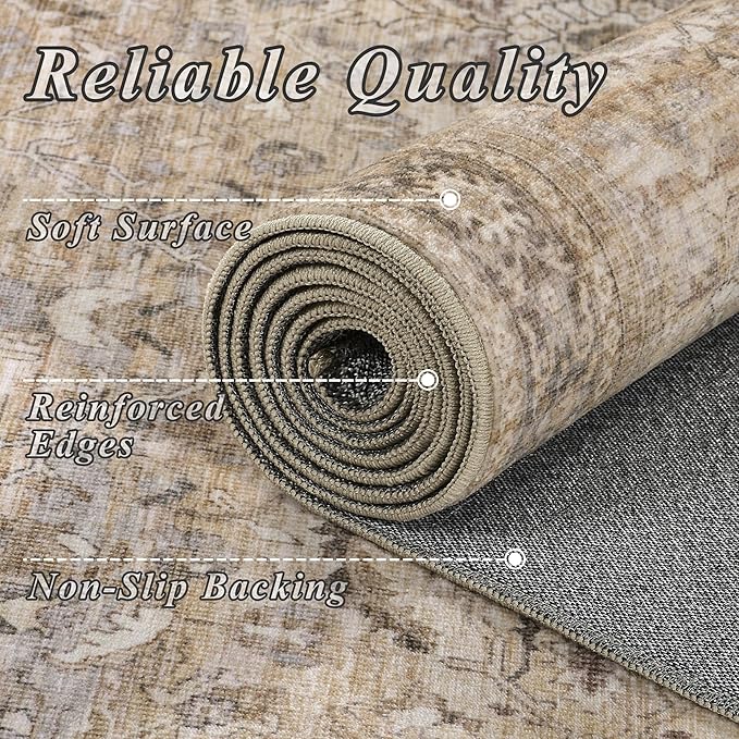 Schweek 9x12 Area Rug Khaki Vintage Distressed Washable Rugs - Image 5