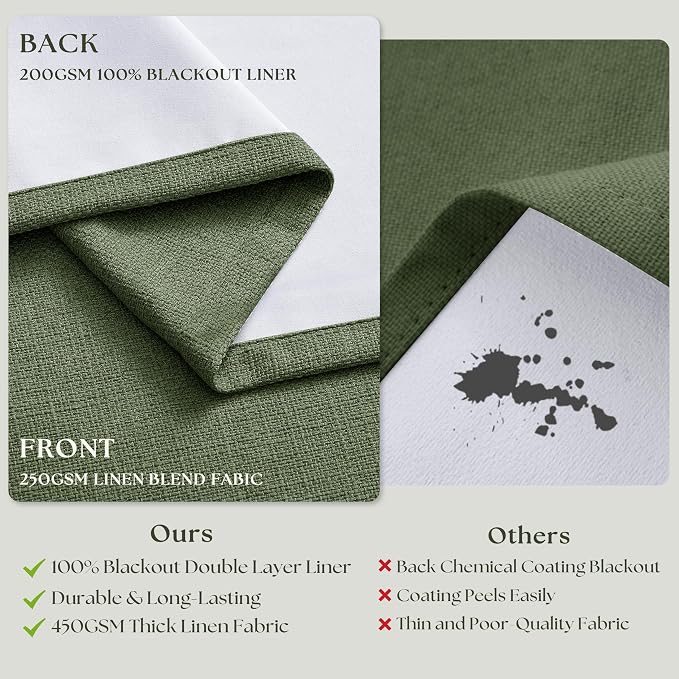 102 Inch Olive Green Linen Pinch Pleated Black Out Curtains - Image 6